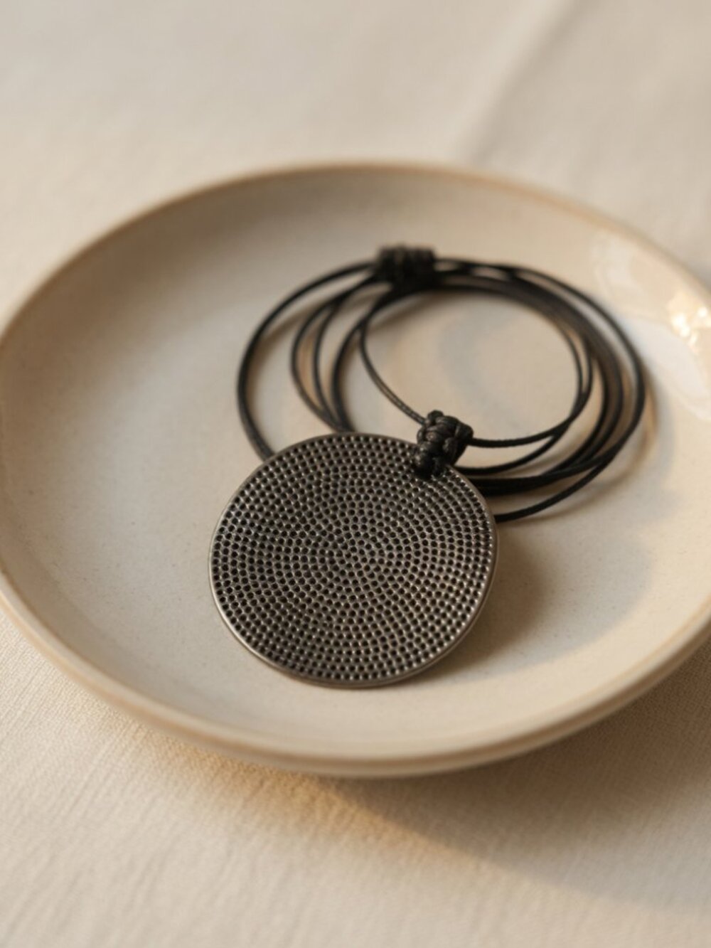 Textured Black Adjustable Statement Disc Pendant Necklace